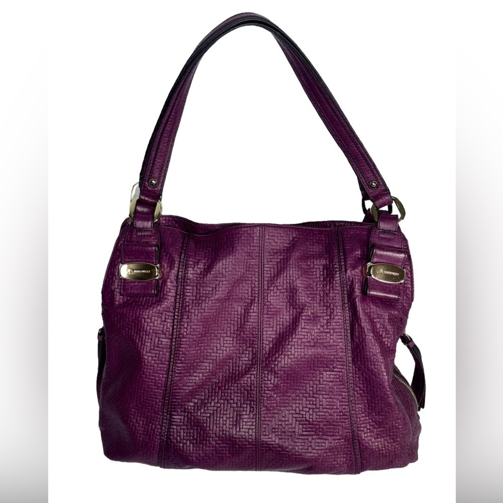 B. Makowsky Plum Embossed Leather Shoulder Bag Large Tote Leopard Lining